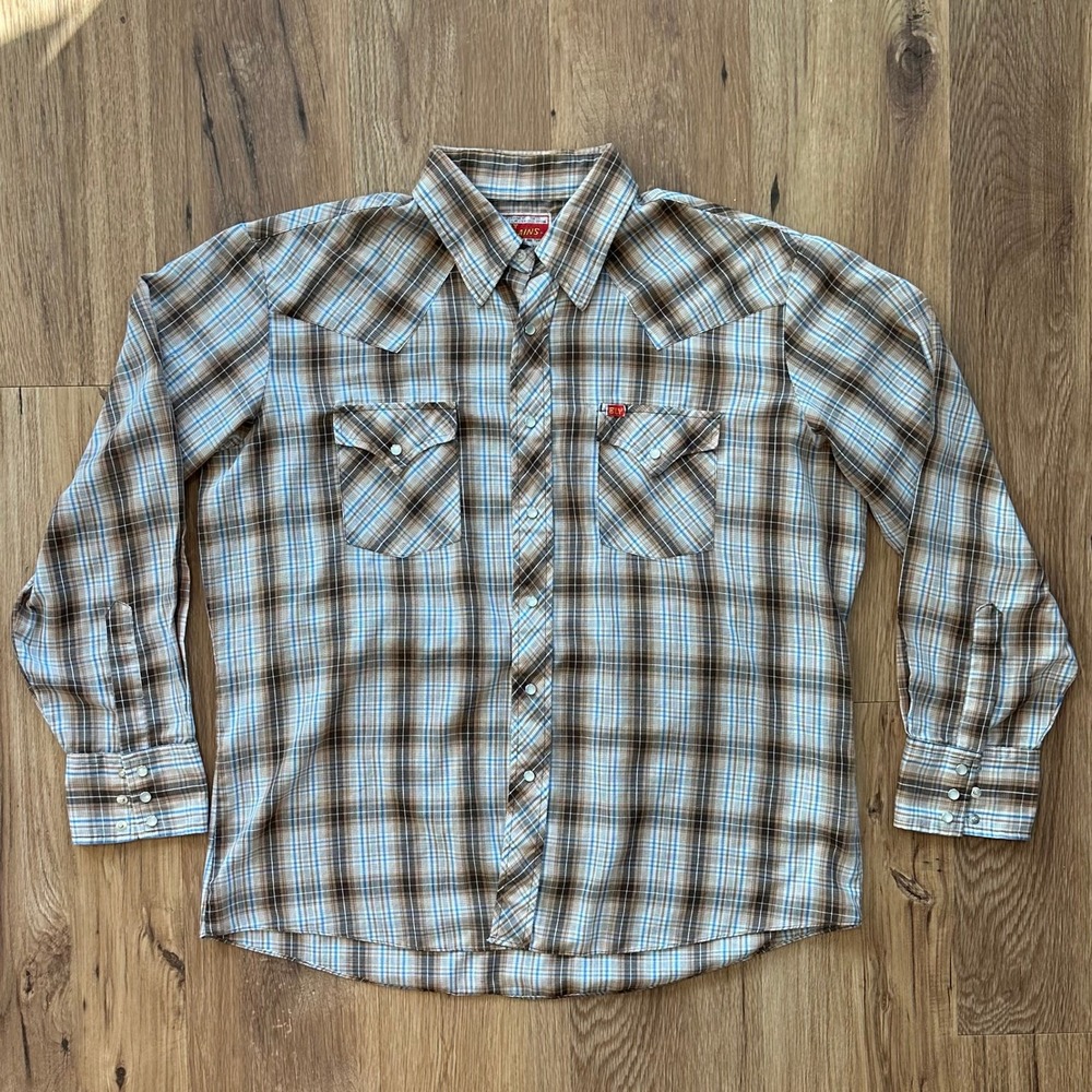 Vintage Ely Cattleman Western Pearl Snap Shirt Plaid Brown Blue Mens Large L